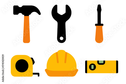 Essential construction and repair tools set including hammer, wrench, hard hat, and level