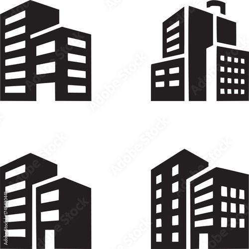 Four black and white building icons in a grid pattern on a white background in a simple style