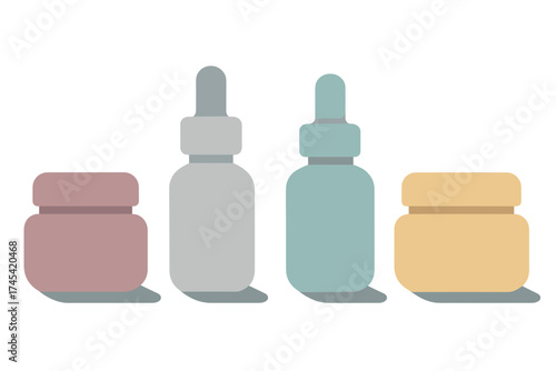Minimalist set of cosmetic product containers including dropper bottles and cream jars in pastel colors