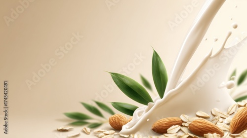 Creamy almond milk splashing into a bowl surrounded by oats and green leaves on a soft background