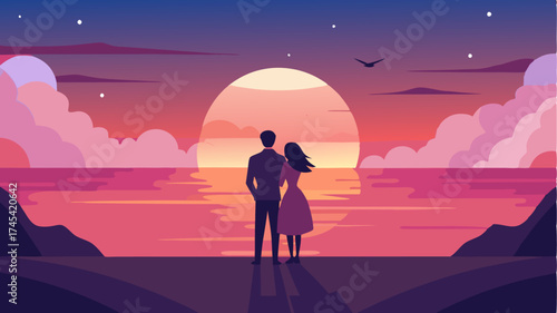 A dreamy sunset backdrop with a silhouette of a couple overlooking a beach embodying romance and the start of a new journey together.
