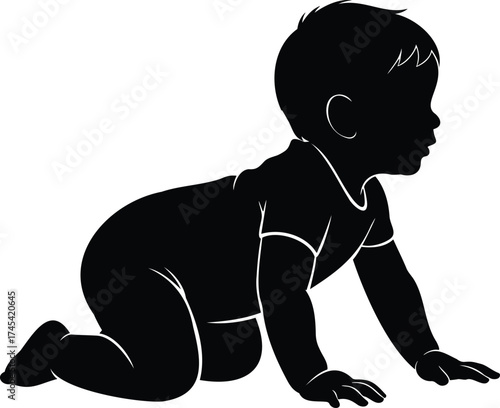 Baby Crawling Side Profile Silhouette Vector – Infant in Onesie on Knees, Minimal Black and White Illustration