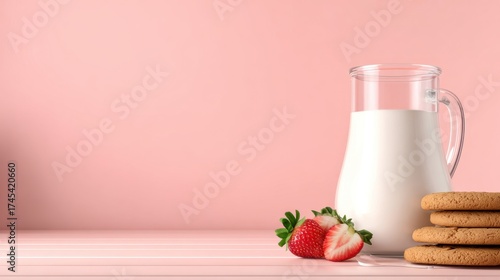 Fresh milk in a pitcher beside strawberries and cookies on a pink background, ideal for dessert themes