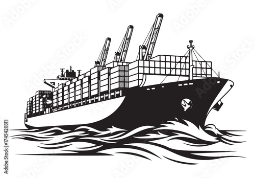 Black and white illustration of a large cargo ship sailing on the ocean with containers.