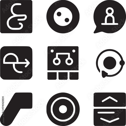 A grid of nine black and white glyph icons representing various symbols and interfaces elements
