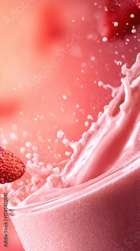 Refreshing strawberry smoothie splashing in a glass with vibrant pink background and fruit accents