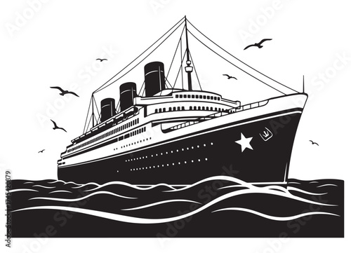 A majestic black and white illustration of a grand ocean liner sailing through choppy waves with seagulls flying overhead.