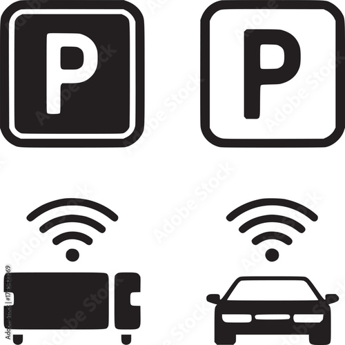 A set of black and white icons depicting parking signs and connected vehicles on a white background