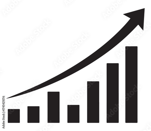 Black and white illustration of a bar graph with an upward trending arrow, representing growth.