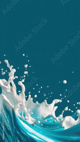 Splash of white liquid against a teal background, creating dynamic movement and energy