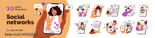 Social media, networks for online digital business, concept set. Internet communication, advertising, content on phone. Likes and emoji reaction. Flat vector illustrations isolated on white background