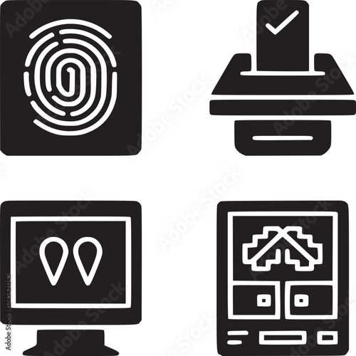 Four icons depicting fingerprint scan ballot box computer display and mobile device screen in black