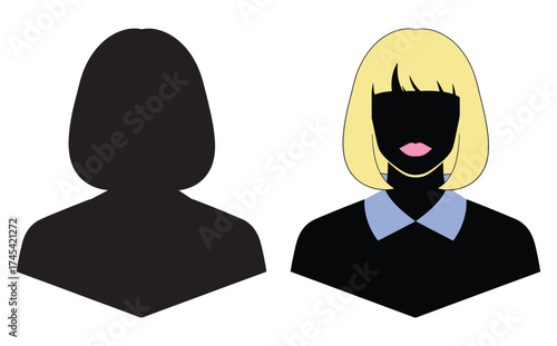 Silhouette of a person next to a stylized illustration of a woman with blonde hair and a blue collar.