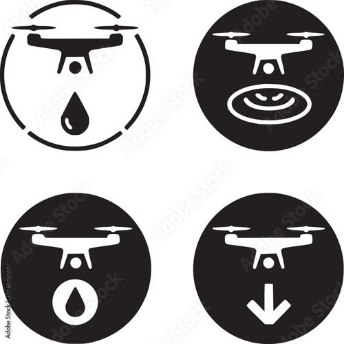 Four drone icons showing different functions such as spraying and descending in black and white color