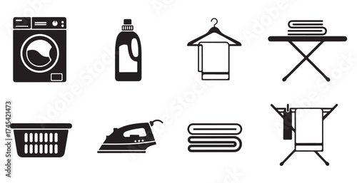 A set of black icons representing laundry and clothing care tasks and equipment on a white background.