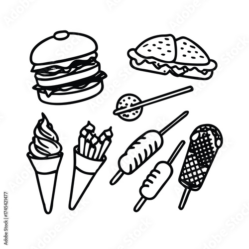 Thick Outline Style Burger, Kebab, Takoyaki, Hotdog, Satay, Dumpling
