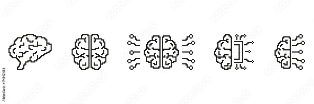 Fototapeta premium Pixel Art Brain And Technology Integration Icon Set. Cognitive Enhancement And Digital Connectivity. Ideal For Ai, Neuroscience, And Innovation Themes. Isolated Vector Illustration