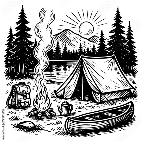 A serene camping scene by a lake with a tent, campfire, and canoe in a classic black and white woodcut style.