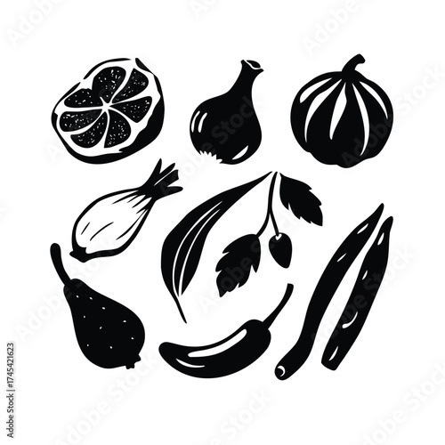 Bold Black Ink Style: Chili, Garlic, Onion, Tomato, Ginger, Lemongrass, Lime, Bay Leaf
