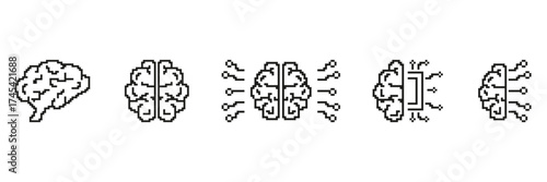 Pixel Art Brain And Technology Integration Icon Set. Cognitive Enhancement And Digital Connectivity. Ideal For Ai, Neuroscience, And Innovation Themes. Isolated Vector Illustration