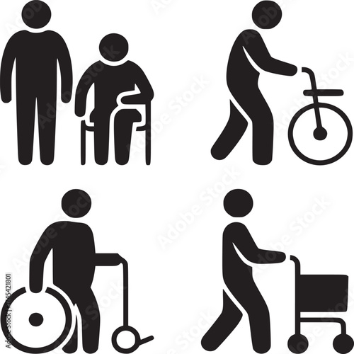Black and white pictograms depicting mobility assistance and support for people with disabilities