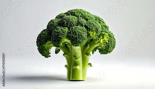 A fresh green broccoli, centered against a clean white background