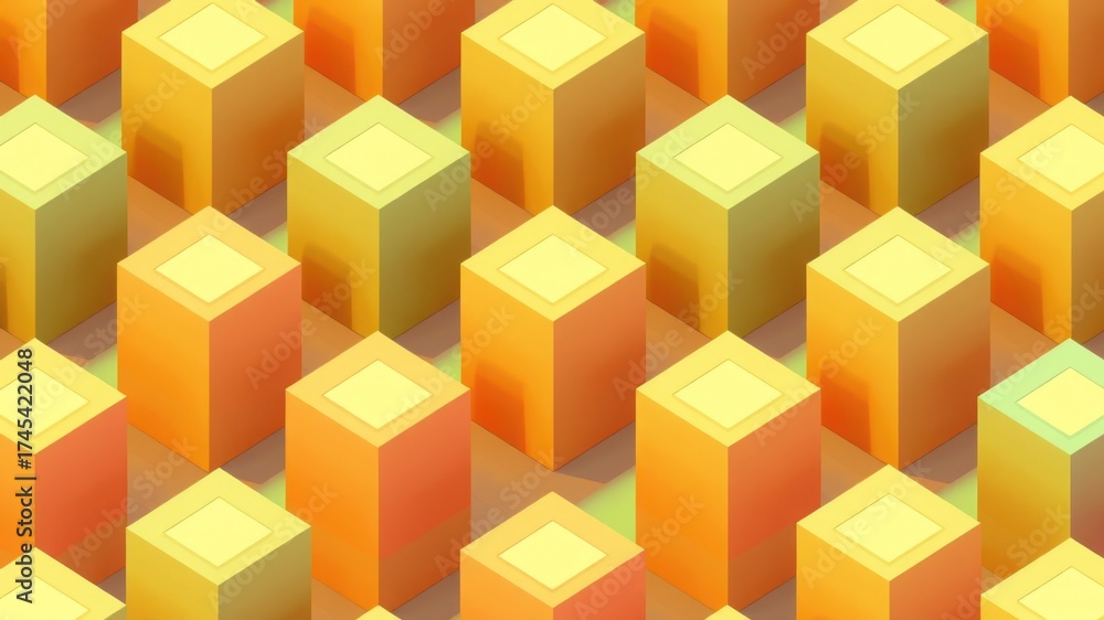 Obraz premium Isometric arrangement of yellow and orange cubes with square tops creating a pattern design look