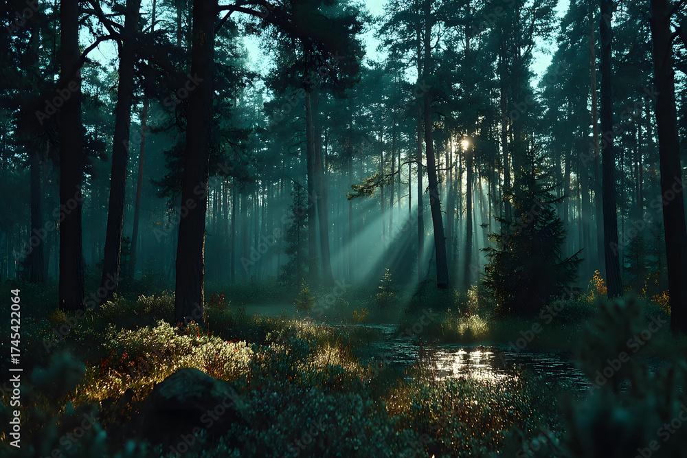 Obraz premium Tranquil Forest Sunrise Scene with Sunbeams Piercing Through Trees