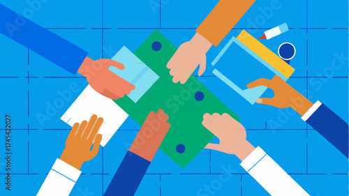 A closeup of hands collaborating on a blueprint or project plan emphasizing collective effort and handson involvement in project design.