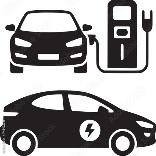 Two electric car illustrations one charging at station in black and white simple vector design