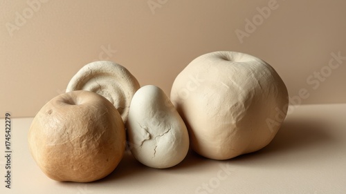 A still life of four clay sculptures resembling fruit on a neutral colored surface and background