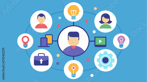 A circular graphic with diverse icons representing various skillscoding art managementinterconnected promoting synergy within a collaborative environment.