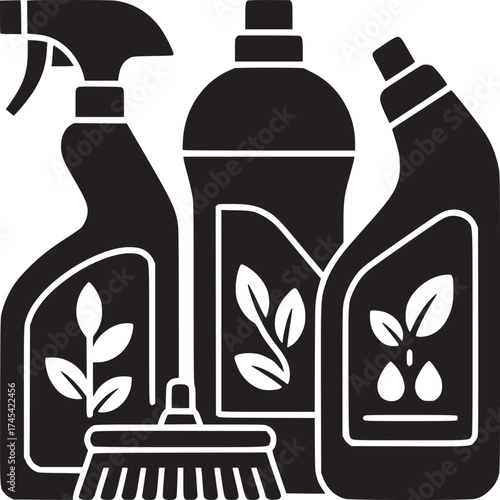 Black and white illustration of cleaning supplies including spray bottles and a brush in a group