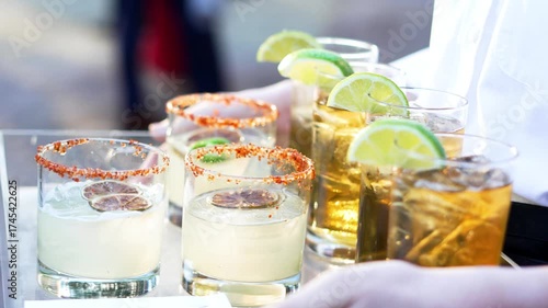 Slow motion of Spicy margarita and Long Island iced tea on serving treys during the day at a wedding reception