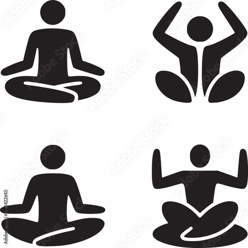 A grid featuring four black yoga icons in various poses on a plain white background illustration