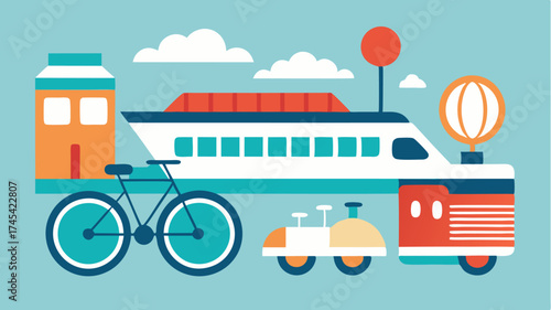 A collection of diverse modes of transport including a bicycle train and cruise ship each uniquely stylized.