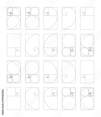 Golden ratio harmony proportions vertical template set. Fibonacci numbers, array collection.