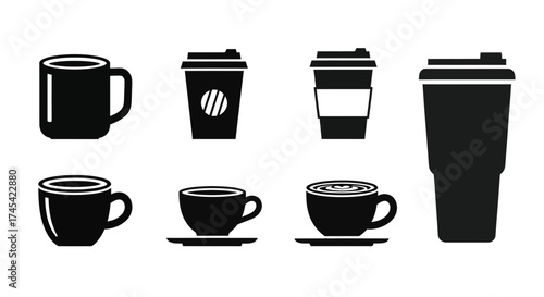 Black coffee cups and mugs collection drink beverage
