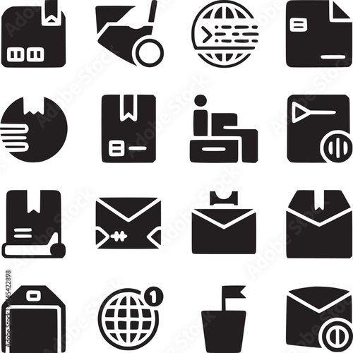 A collection of sixteen black and white icons representing various shipping and delivery concepts