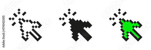 Pixelated Cursor Arrow Icon Set. Retro Digital Navigation Symbol Collection. Black And Green Pixel Art Design For User Interface And Web Design. Isolated Vector Illustration