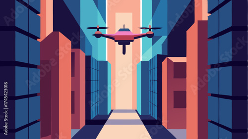 A drone navigating through narrow alleys between highrise buildings showcasing agility and advanced technology.