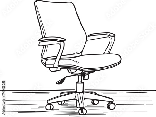 Ergonomic office chair with contoured backrest, armrests, and five-wheel base in black line drawing