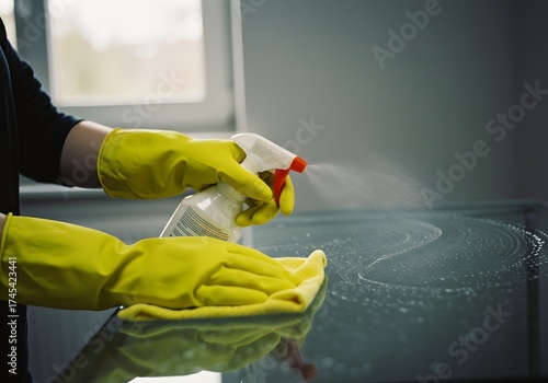 Wallpaper Mural Cleaning a surface with a spray bottle and cloth, focused on cleanliness and hygiene. Hands wearing yellow gloves, actively engaged in sanitation tasks Torontodigital.ca