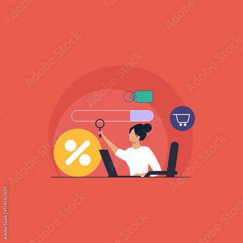 Vector young girl with magnifying glass searching online for discount sale offer christmas holiday sale