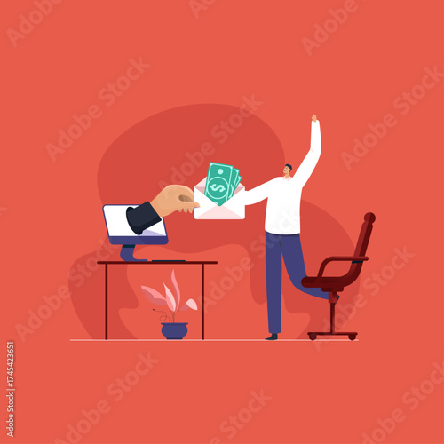 Vector young person receiving salary or bonus money from boss or manager bonus pay salary