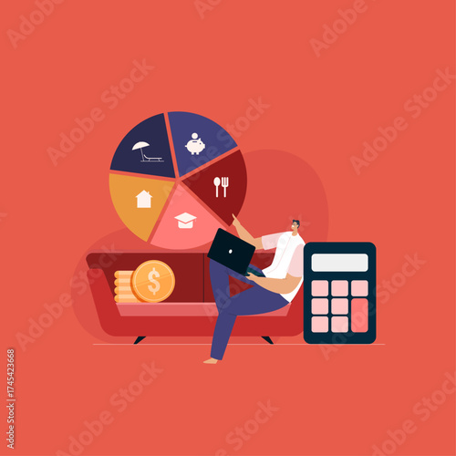Vector personal income and expense calculation budget strategy planning and distribution of money
