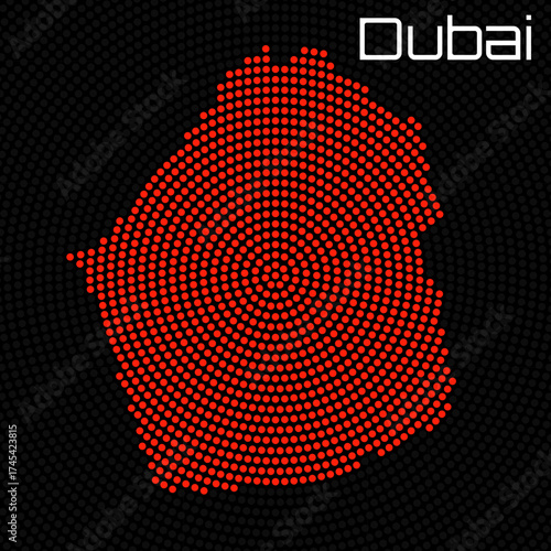 Dubai map of radial dots, halftone concept. Vector illustration