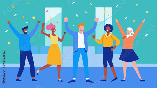 A diverse team celebrating a milestone with confetti and champagne in a vibrant office space capturing the excitement of success in a startup.