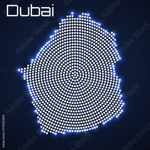Dubai map of radial dots, halftone concept. Vector illustration