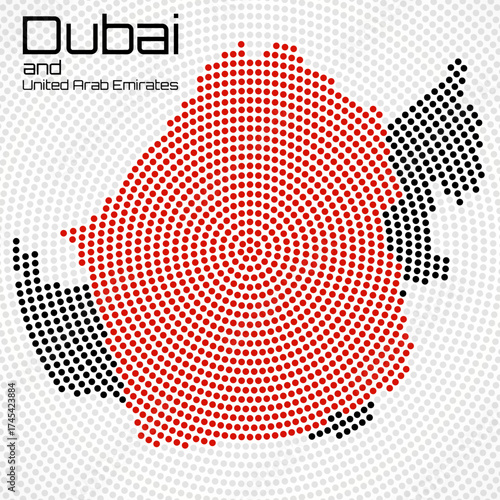 Dubai and United Arab Emirates map of radial dots, halftone concept. Vector illustration